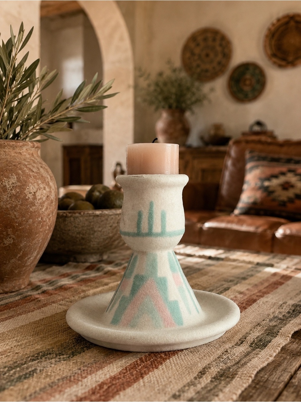 Vintage handmade 1980s southwestern indie hand signed candlestick holder pastel